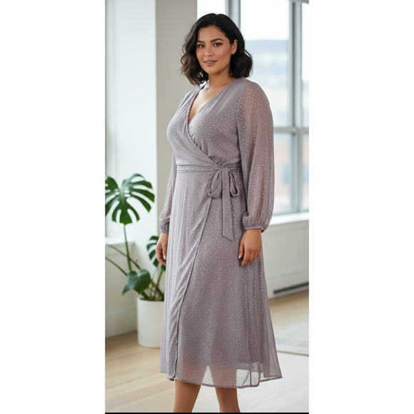 Alfani Glitter Mesh Wrap Dress 2X Silver Long Sleeve Plus Size Party Midi - Picture 14 of 14